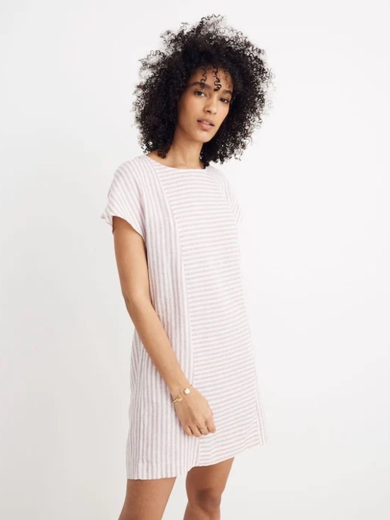 Madewell Dresses & Skirts - Madewell Purple White Striped Stripe-Play Button-Back Dress Linen Blend